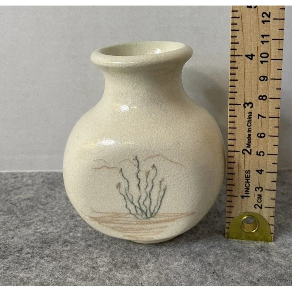 Vintage Southwestern Studio Art Pottery Vase Hand Painted Desert Cactus Mini